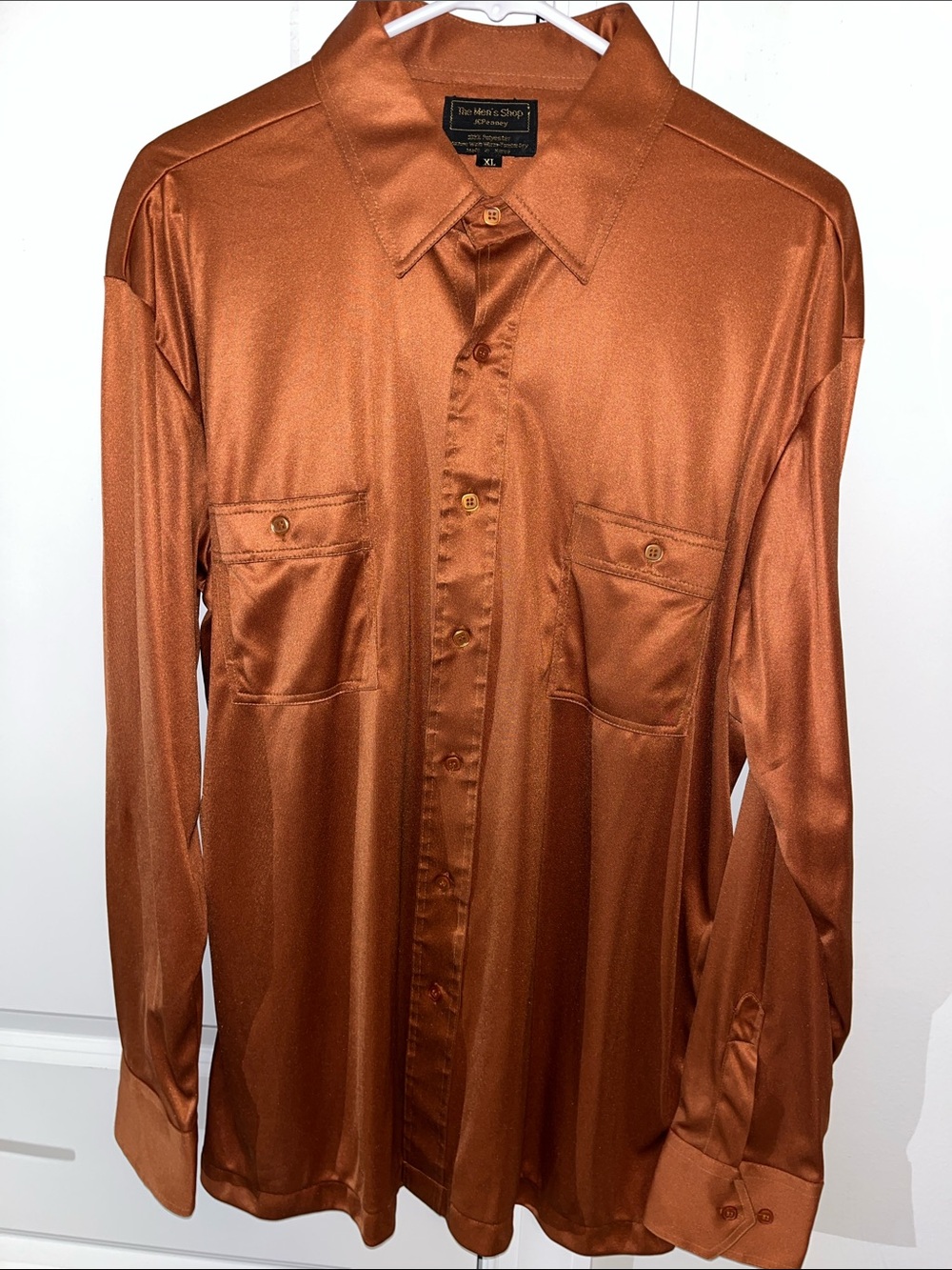Vintage 70s JCPenney Polyester Disco Burnt Orange LS Button Down Shirt Men's XL
